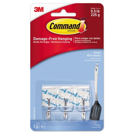 Command Clear Hooks and Strips, Plastic/Wire, Small, 3 Hooks and 4 Strips/Pack 17067CLR-ES