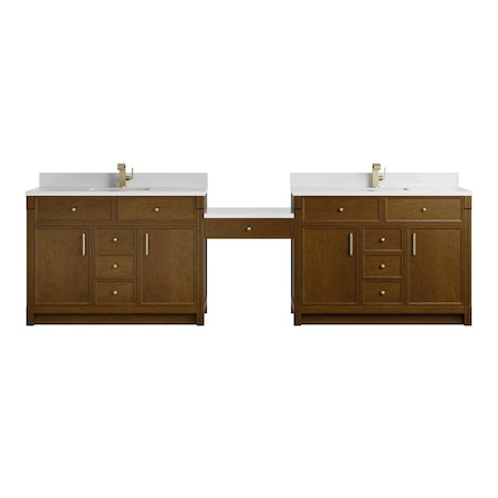 James Martin Vanities Bellshire 120" Dual Vanity Set w/24" Make-Up Counter, Honey Oak w/Sgl Hole 3 cm White Zeus Silestone 660-VMC120-HNO-1WZ