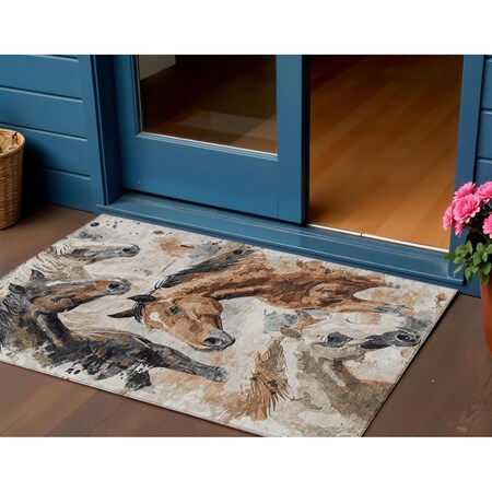Homeroots 3' X 5' Beige Charcoal And Brown Horse Washable Indoor Outdoor Area Rug 618691