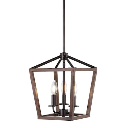 Jonathan Y Oria 10" 3-Light Iron Farmhouse Industrial Lantern LED Pendant, Oil Rubbed Bronze/Faux Wood JYL1321A