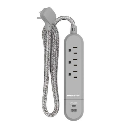 Monster 4 ft. L 3 outlets Power Strip with USB Ports Gray 1715