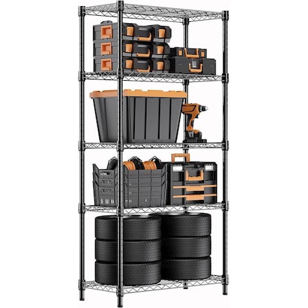 Factory 2U Wire Shelving Unit, 14inD x 24inW x 63inH, 5 Shelves, Medium Duty 250 lbs Per Shelf, Black 803969
