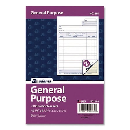 Adams Business Forms General Purpose Forms, Two-Part Carbonless, 8.5 x 5.67, 100PK NC2581