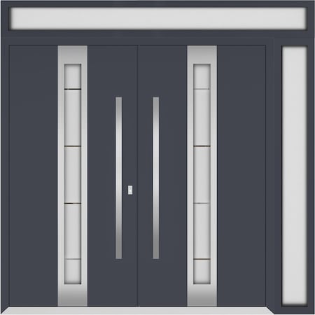 Vdomdoors Metal Double Doors Deux 1717 Gray Graphite Frosted Glass 1 Sidelight and Top Transom Entry Modern P DEUX1717DEXD-GRE-W72+12xH80+14-RH-O