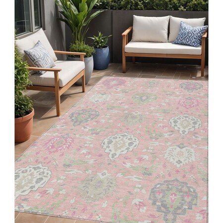 Homeroots 5' X 8' Pink Ivory And Gray Damask Washable Indoor Outdoor Area Rug 599443
