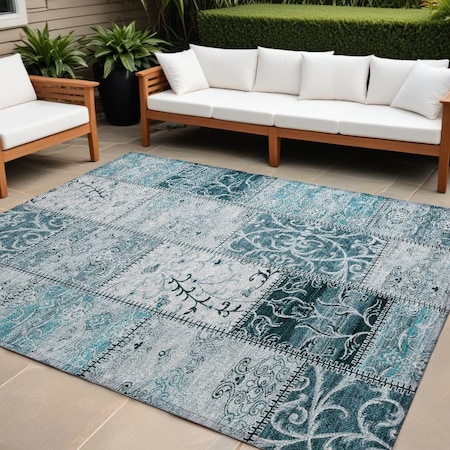 Homeroots 10' X 14' Teal Patchwork Washable Non Skid Indoor Outdoor Area Rug 563591