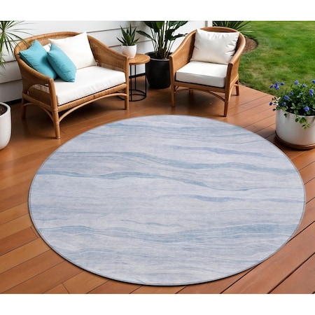 Homeroots 8' Sky Blue Round Striped Washable Indoor Outdoor Area Rug 608126