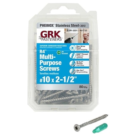 Grk Fasteners Deck Screw, #10 x 3-1/2 in, 18-8 Stainless Steel, Flat Head, Torx Drive 61733