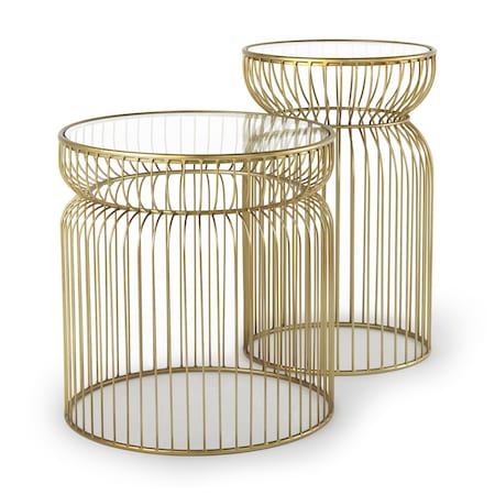 Homeroots Set of Two Clear and Gold Tempered Glass and Metal Wire Round Drum End Tables, 2PK 605374