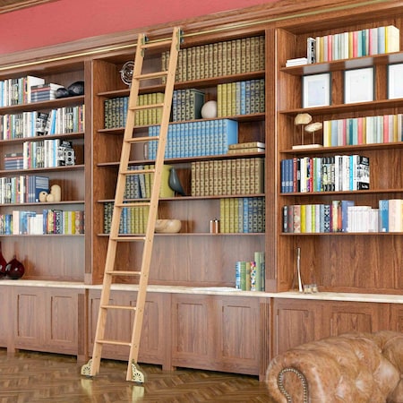 Quiet Glide 9.92 ft. Red Oak Contemporary Wheel Brushed Satin Brass Rolling Ladder, 12 ft. Rail QG.240-10RO-12-H.06B