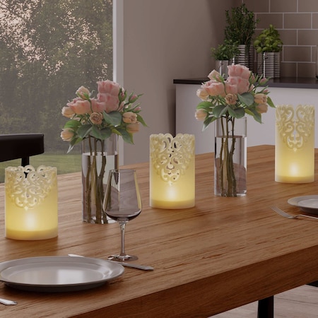 Lavish Home Remote Control LED Candles Set of 3 Battery-Operated Realistic Flameless Pillars with Lace Details 80-FC1007