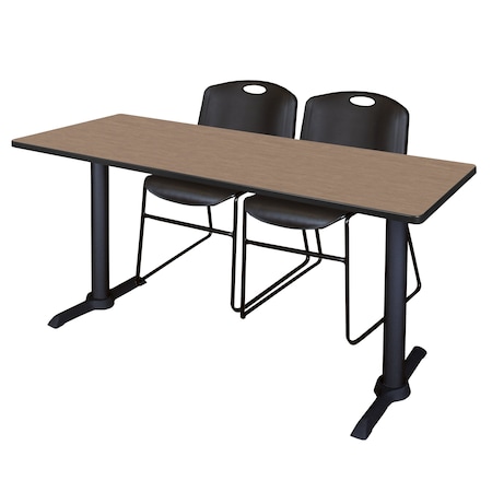 Regency Cain T-Base Training Seminar Table W/ 2 Zeng Stack Chairs, 72 in W, 24 in L, Noble Oak MTRCT7224NO44BK