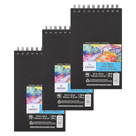 Canson Artist Series Mixed Media Art Book, Black Cover, Side Wire Binding, 40 Sheet, 14x21.6 inch, 3PK C100516108
