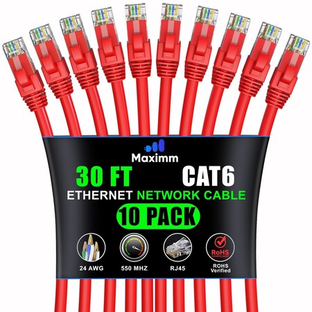 Maximm Cat6 Ethernet Cable 30ft 10Gbps 550MHz UTP, 10PK, Red, 10PK CAT6CCA-30RD10PK