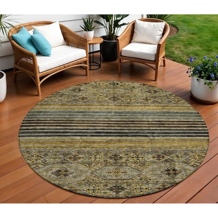 Homeroots 8' Gray Gold And Brown Round Medallion Washable Indoor Outdoor Area Rug 615904