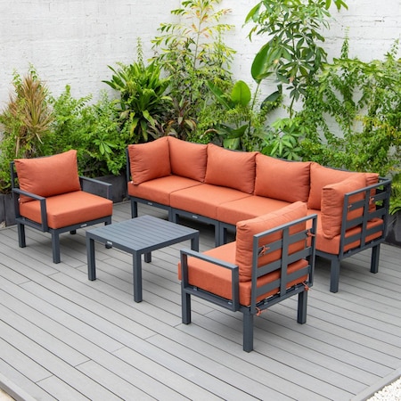 Leisuremod Chelsea 7-Piece Patio Sectional And Coffee Table Set Black Aluminum With Orange Cushions CSTBL-7OR