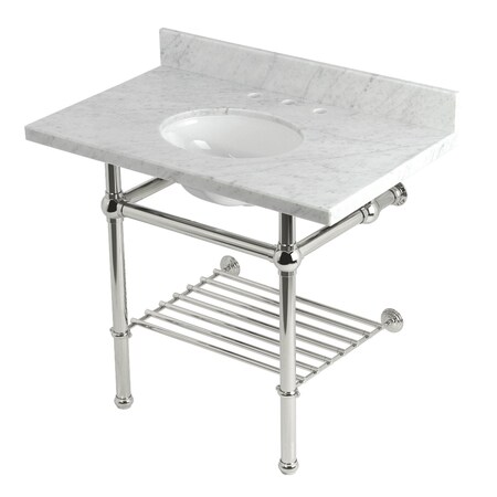 Kingston Brass 36-Inch Carrara Marble Console Sink with Brass Legs and Shelf, 8-Inch, 3-Hole KVPB3630MBB6