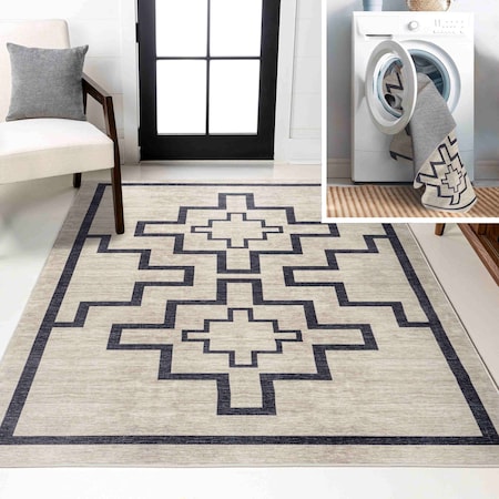 Jonathan Y Ashkii Minimalist Medallion Non-Slip Machine-Washable Ivory/Dark Gray 5 ft. x 8 ft. Area Rug WSH115A-5