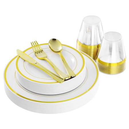 Elama 150 Piece Disposable Plastic Dinnerware Party Set for 25 Guests in White with Gold Trim 750124340M