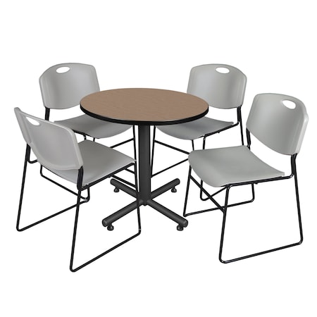 Regency Round Kobe Breakroom Table W/ 4 Zeng Stack Chairs, 30 in W, 30 in L, Noble Oak TKB30RNDNO44GY