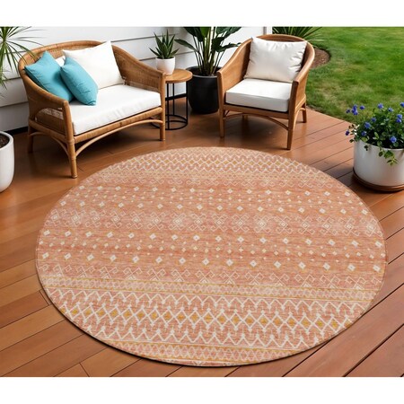 Homeroots 8' Salmon Gold And Ivory Round Tribal Washable Indoor Outdoor Area Rug 582640