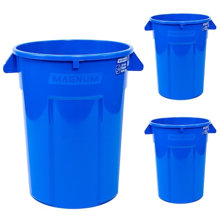 Magnum Tool 32 Gallon Trash Can, High-Vis Blue, Construction Grade, Heavy Duty Plastic, 3PK CMTC-C000-32B03