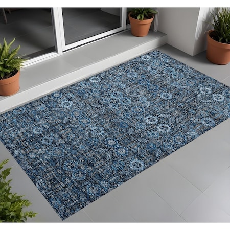Homeroots 2' X 3' Blue and Black Floral Washable Non Skid Indoor Outdoor Area Rug 564302