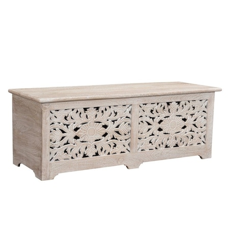 Homeroots 52" White Distressed Solid Wood Carved Floral Storage Ottoman 636282