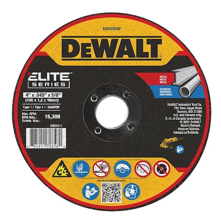 Dewalt Abrasive Cut-Off Wheel, Type 1, 4 in Dia, 0.045 in Thick, 5/8 in Arbor Hole Size, Zirconia Alumina DWA8950F