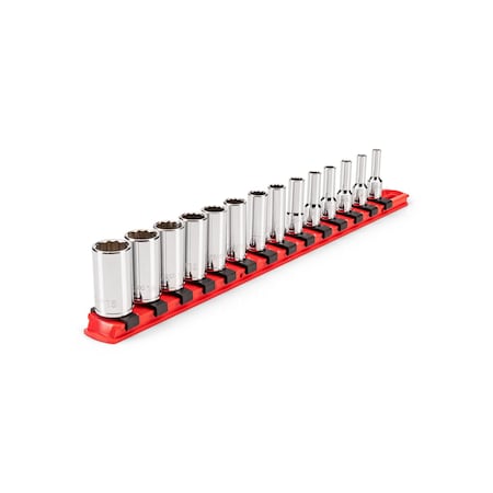 Tekton 1/4 Inch Drive Semi-Deep 12-Point Socket Set with Rail, 14-Piece (4 - 15 mm) SHD90118