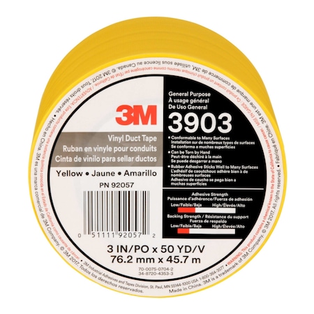 3M Duct Tape, Yellow, 50 yd L, 3 in W, PK18 3903