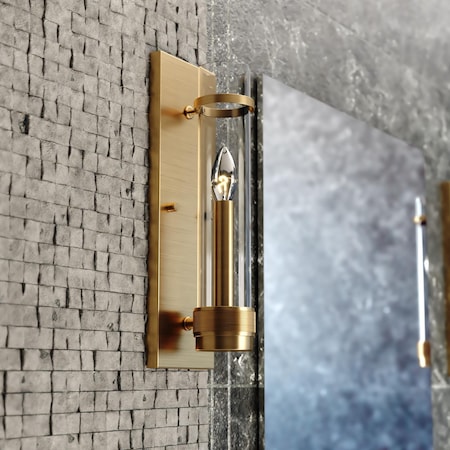 Vaxcel Bari 1 Light Satin Brass Contemporary Wall Sconce with Clear Cylinder Glass W0425