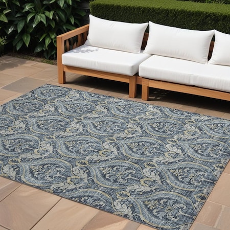 Homeroots 8' X 10' Blue and Cream Damask Washable Non Skid Indoor Outdoor Area Rug 563868