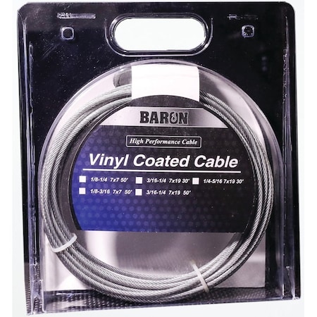 Baron 50201/50210 Aircraft Cable, 1/8 to 3/16 in Dia, 50 ft L, 340 lb Working Load, Galvanized Steel 01205