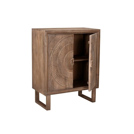 Homeroots 33in Distressed Brown Solid Wood Two Door Floral Carved Accent Cabinet 489021