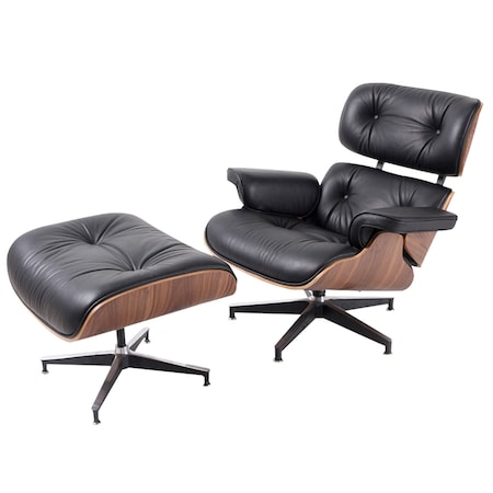 Homeroots 35" Black and Brown Genuine Leather Tufted Swivel Lounge Chair With Ottoman 526376