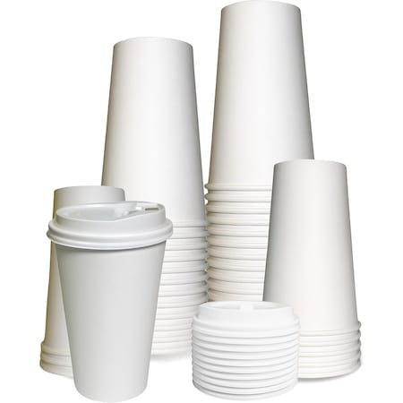 Ecoquality 16oz White Hot Drink Coffee Cups with White Dome Lids - For Coffee Shops, and Latte, 250PK EQ16WHTPCWDL-300