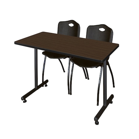 Regency Kobe T-Base Training Seminar Table W/ 2 M Stack Chairs, 48 in W, 24 in L, Neo Walnut MKTRCT4824NW47BK