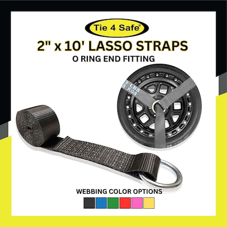 Tie 4 Safe 2'' x 10' Side Mount Wheel Net Tie Down Kit w/ Flat Hook. WLL: 3,333 LBS Black, 4PK RT04CK-5210-M11W9-BLK-BW02P-BLK-4