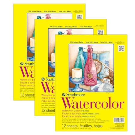 Strathmore 300 Series Watercolor Pad, Cold Pressed, Tape Binding, 12 Sheet, 9x12 inch, 3PK P360-109-03