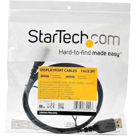 Startech.Com 1M 3.3 FT DISPLAY PORT 1.4 CABLE - VESA CERTIFIED - 8K at 60HZ - HBR3 - HDR - DP CABLE DP14MM1M
