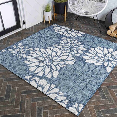 Jonathan Y Zinnia Modern Floral Textured Weave Navy/Aqua 9 ft Square Indoor/Outdoor Area Rug SMB110C-9SQ