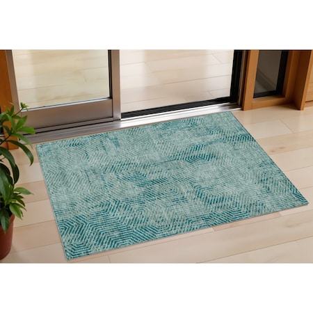 Homeroots 3' X 5' Teal Blue And Gray Geometric Washable Indoor Outdoor Area Rug 594587