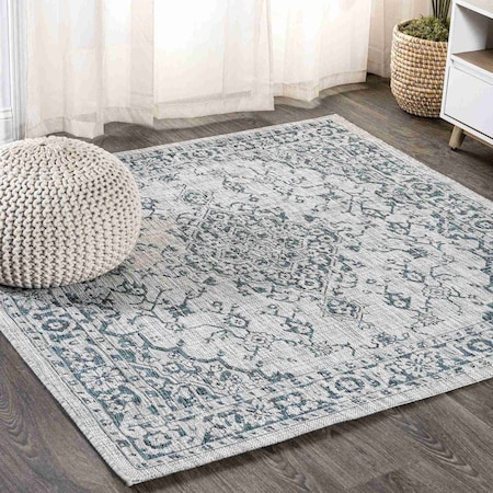 Jonathan Y Rozetta Boho Medallion Textured Weave Gray/Teal 5 ft Square Indoor/Outdoor Area Rug SMB102C-5SQ