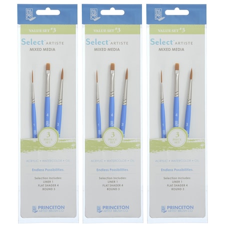 Princeton Select Artiste Brush Set No. 3, Synthetic Bristles, Short Handle Mixed Media, 3-Piece Set, 3PK P3750SET103