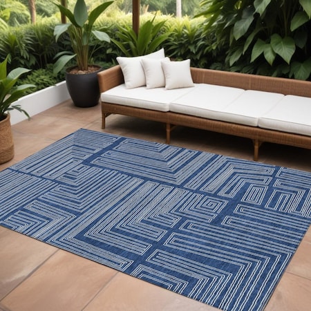 Homeroots 9' X 12' Navy Blue And Ivory Geometric Washable Indoor Outdoor Area Rug 600844