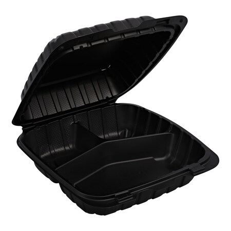Empress Earth Hinged Container Mineral Filled PP 8" x 8" x 3" Black 3-Compartment EPPHLB-83