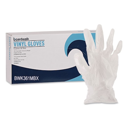 Boardwalk Disposable Gloves, 3.6 mil Palm, Vinyl, Powder-Free, M, 100 PK, Clear BWK361MBX