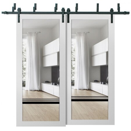 Sartodoors Sliding Closet Clear Glass Barn Bypass Doors, Lucia 2666 White Silk and Aluminum Strips, Sturdy 6. LUCIA2666BBB-WS-64 x 84 (2* 32x84)