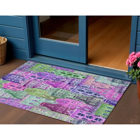 3' X 5' Purple Lilac And Green Village Houses Washable Indoor Outdoor Area Rug